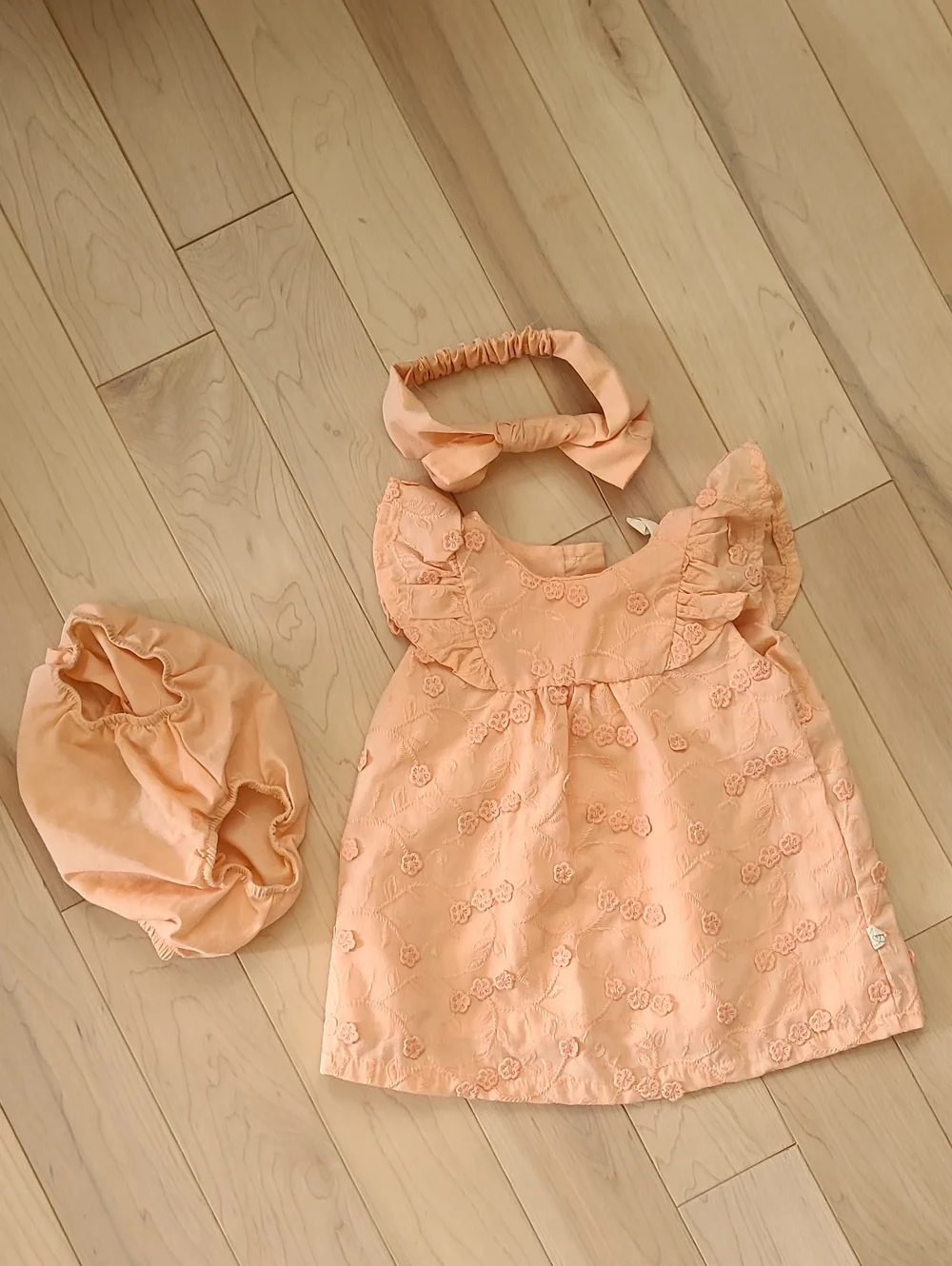 Peach Ruffle Floral Baby Dress with Matching Headband and Bloomers